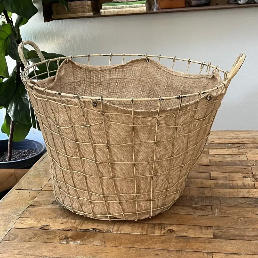 Rustic Farmhouse Wire Bushel Basket Burlap Liner